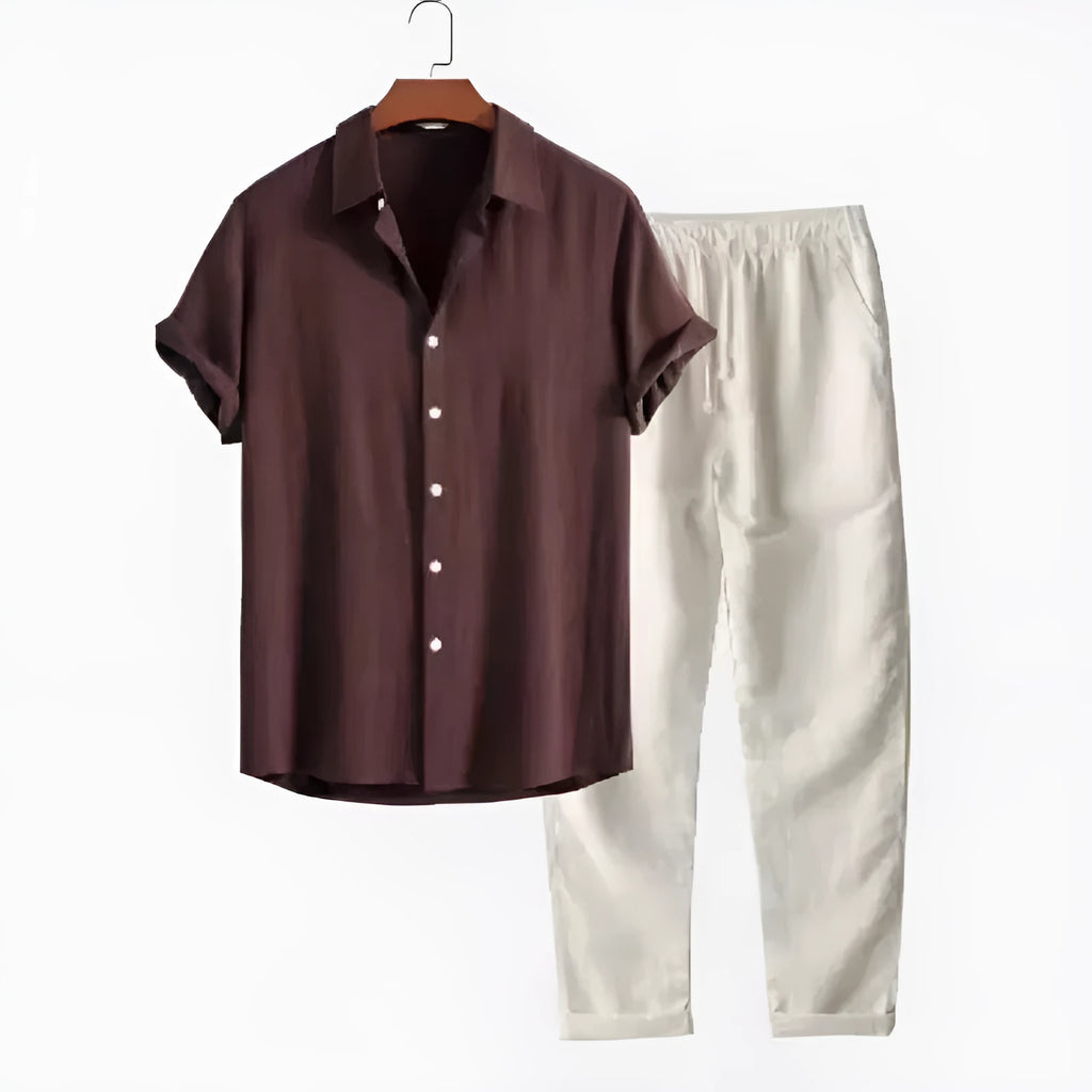 Men's casual linen-style shirt and trousers set in loose fit with short sleeves