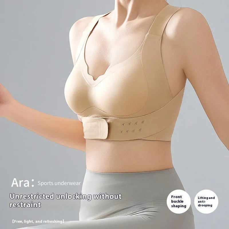 Front buckle sports bra with double shoulder straps and back shaping design for yoga