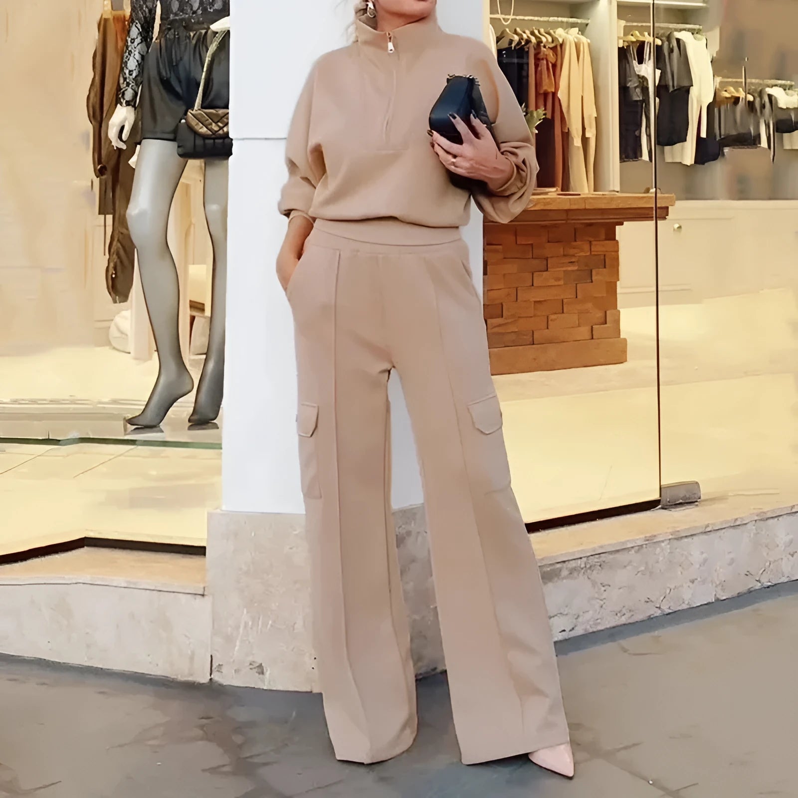 Women's light camel polyester two-piece set showing lapel top and wide leg pants