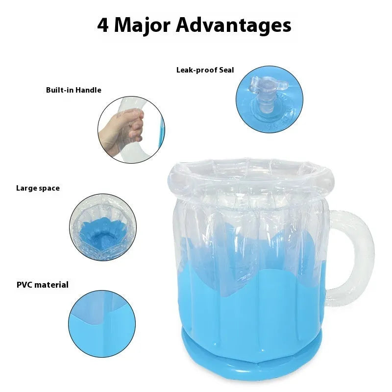 Yellow inflatable PVC ice bucket for outdoor parties and portable drink cooling.