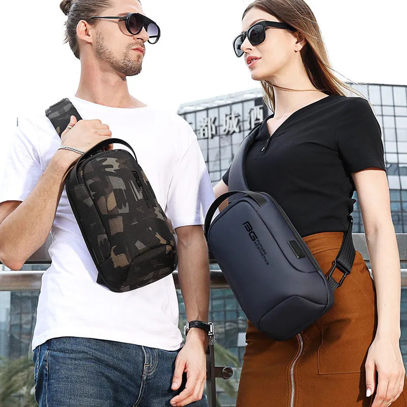 Men's oxford cloth shoulder bag with USB charging port in blue colour with letter pattern design