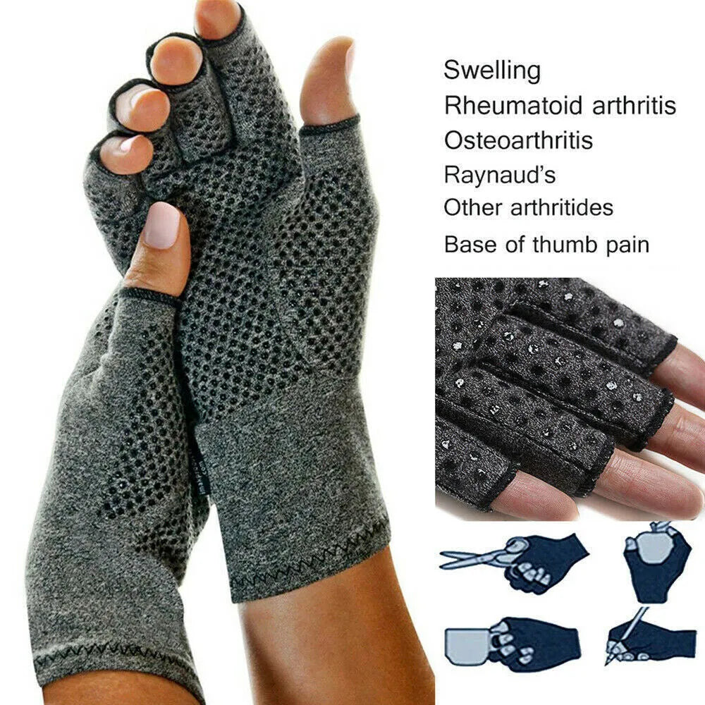 Grey half finger joint compression gloves showing anti-slip palm surface and breathable fabric construction