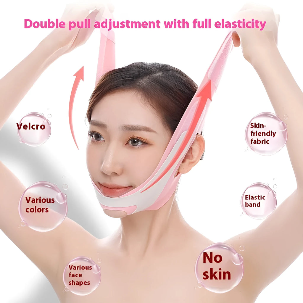 Pink and black elastic V-shaped face bandage for facial care.