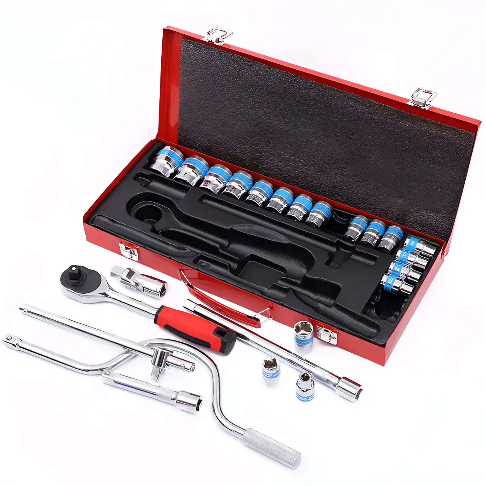 24-piece curved bow car repair wrench set with chrome vanadium steel tools in storage case