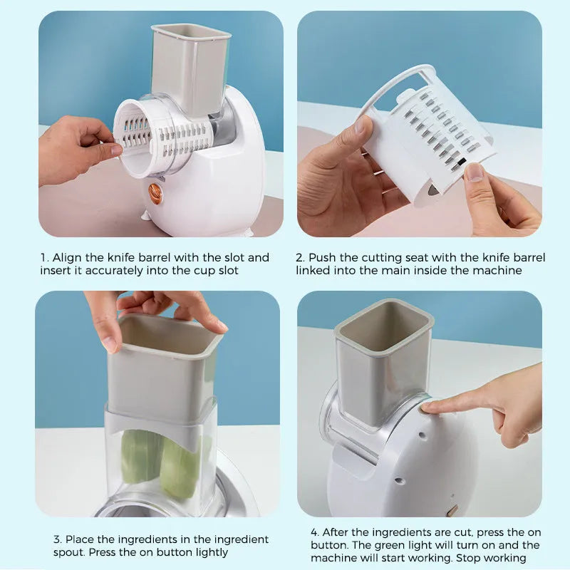 White electric vegetable slicer with rotary blades and suction base for kitchen food preparation