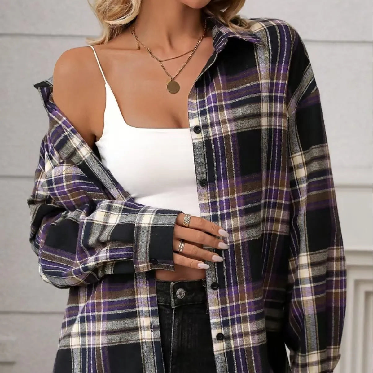 Women's loose fit plaid cotton shirt in black, green or purple colours