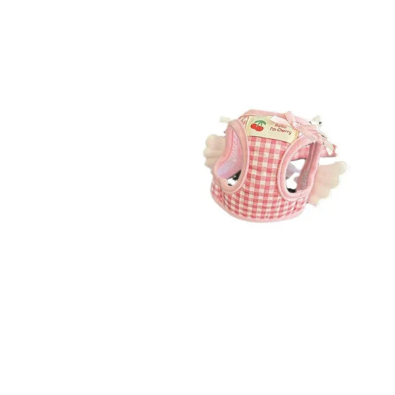 Pink cotton chest-back dog harness with handle for small dogs on a white background.