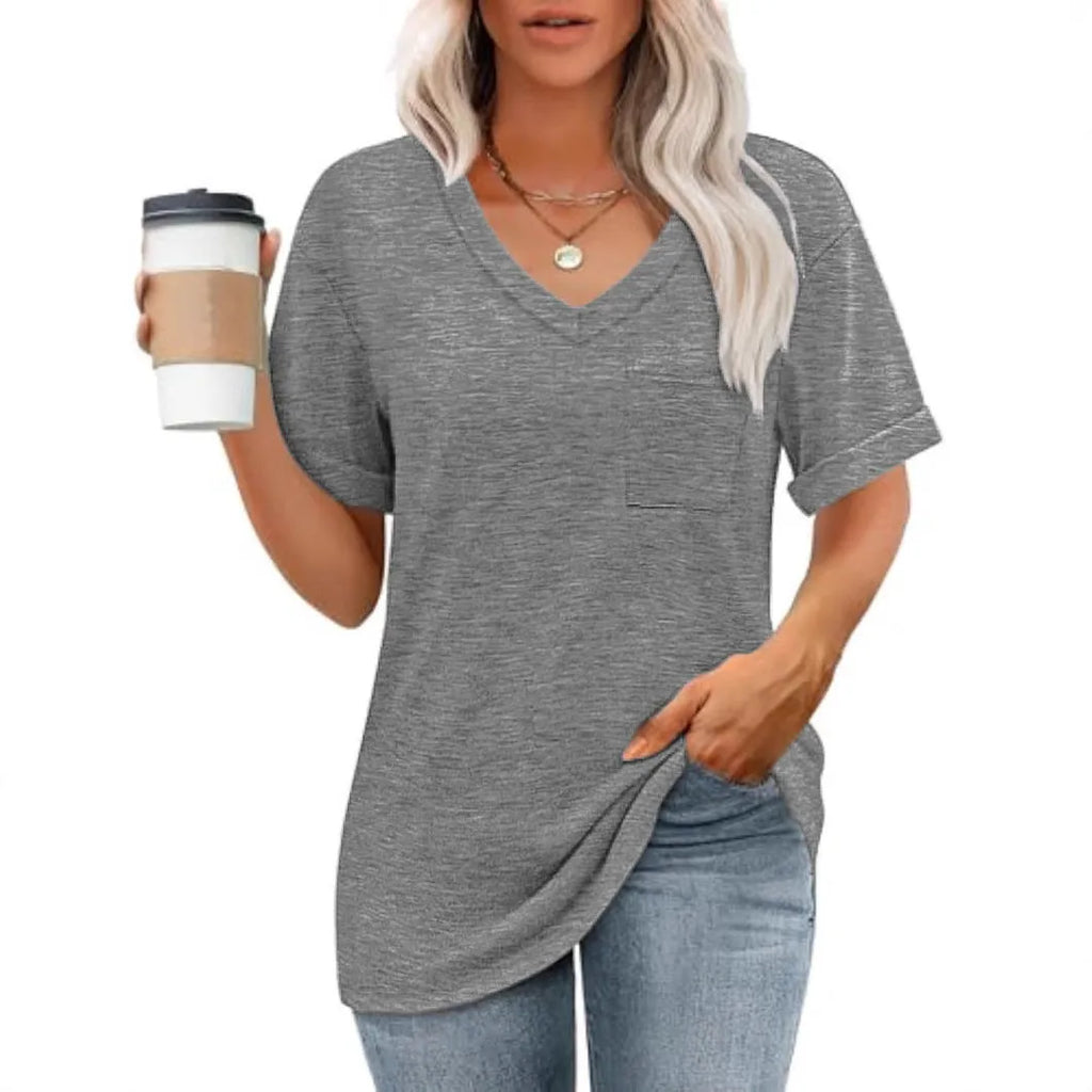 Grey loose-fit V-neck T-shirt with a chest pocket on a solid background.