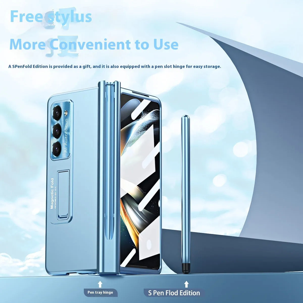 Magnetic suction phone case for Samsung Z Fold5 with hinge cover and bracket in ice lake blue