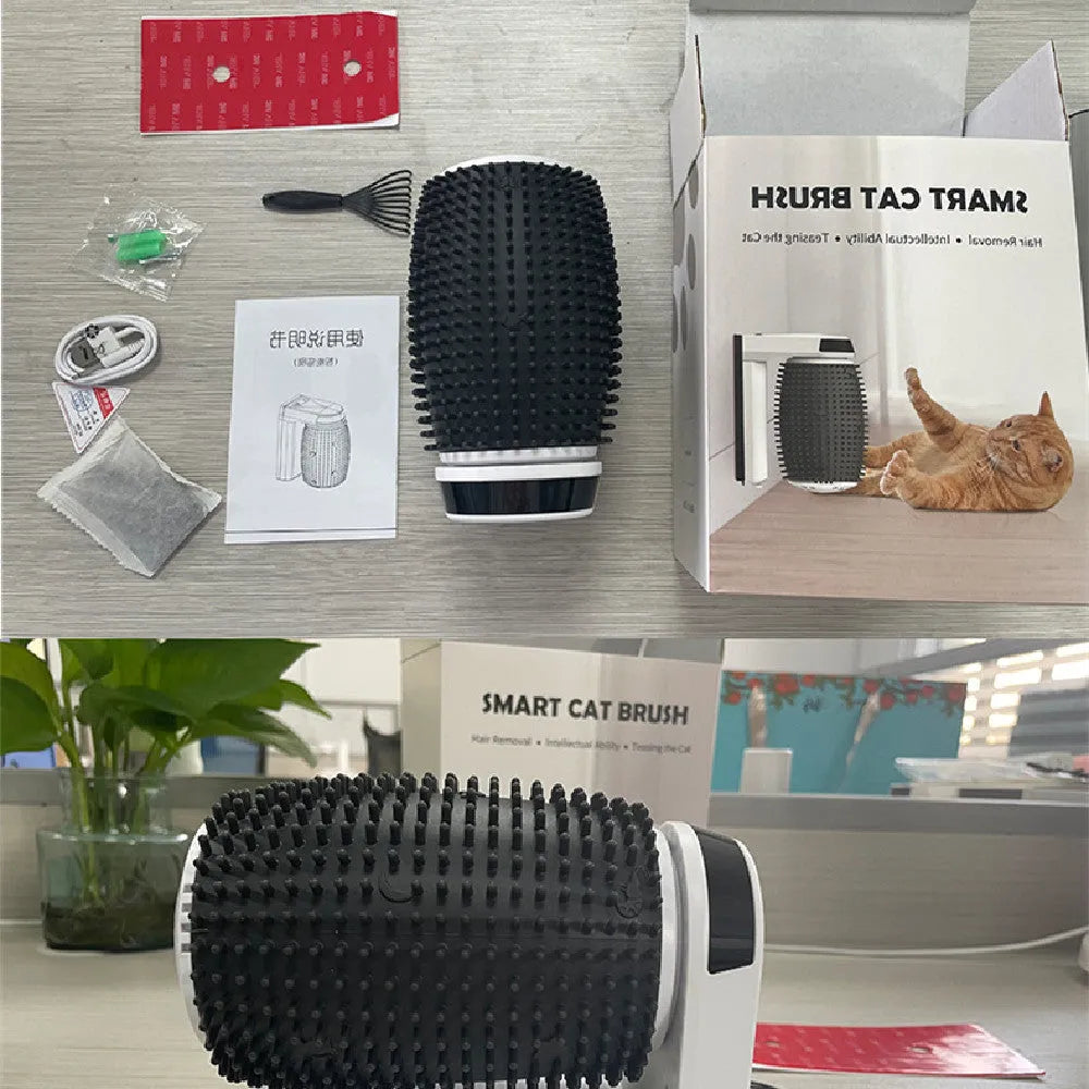 White automatic cat self groomer with silicone bristles mounted in wall corner