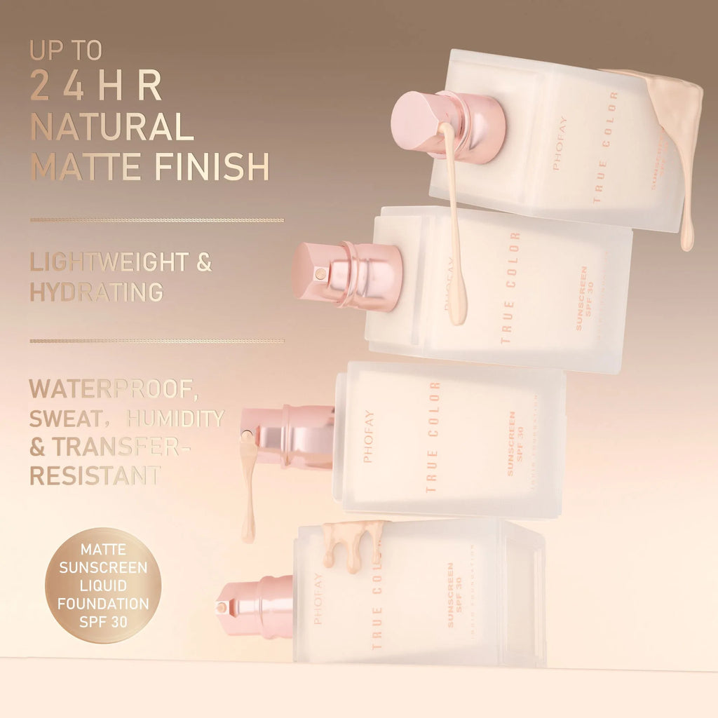 Matte sunscreen liquid foundation SPF 30 bottle with six colour shade options