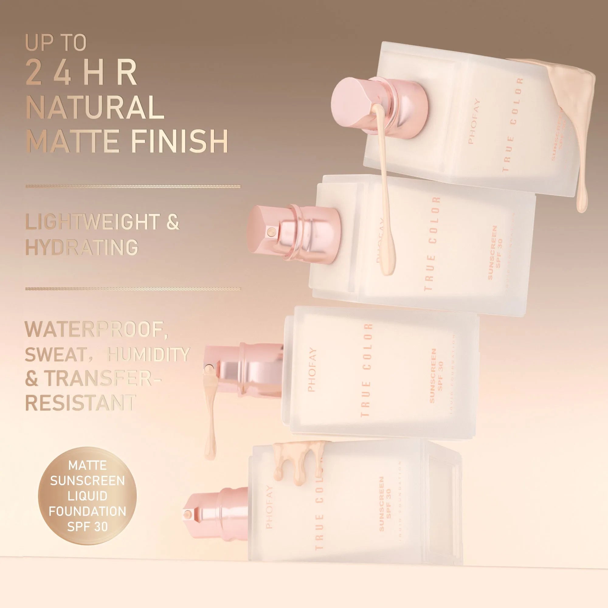 Matte sunscreen liquid foundation SPF 30 bottle with six colour shade options