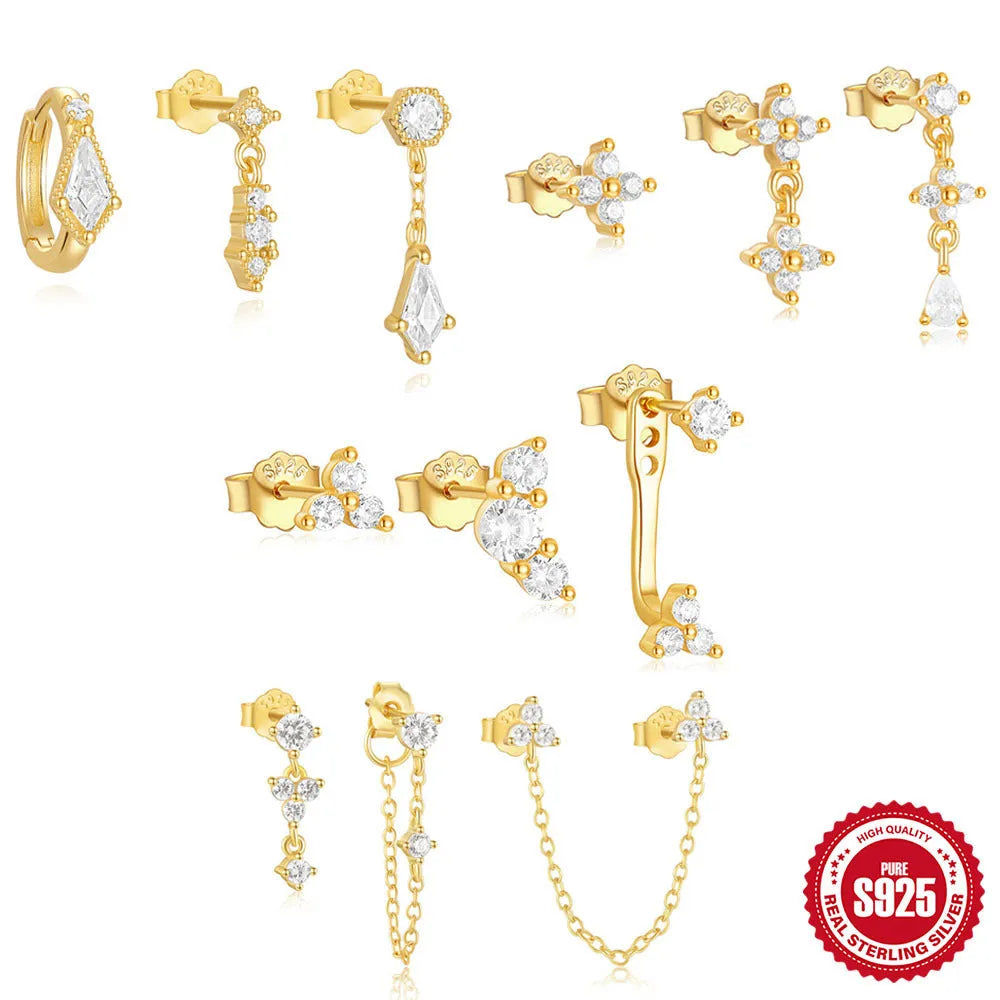 S925 sterling silver geometric tassel earring set, three pieces shown in gold colour.
