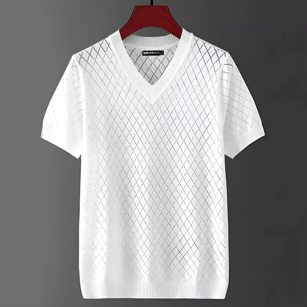 Men's Korean style ice silk t-shirt in black with V-neck, short sleeves, and polyester blend fabric.