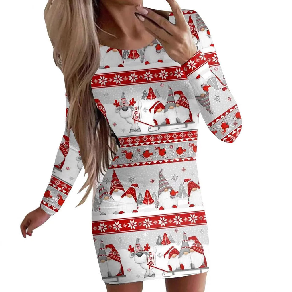 Women's tight Christmas dress with animal patterns and floral print in polyester fabric