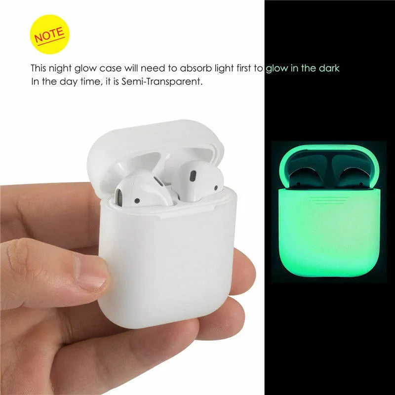 Luminous coloured silicone flip-case for Apple AirPods on a plain background.