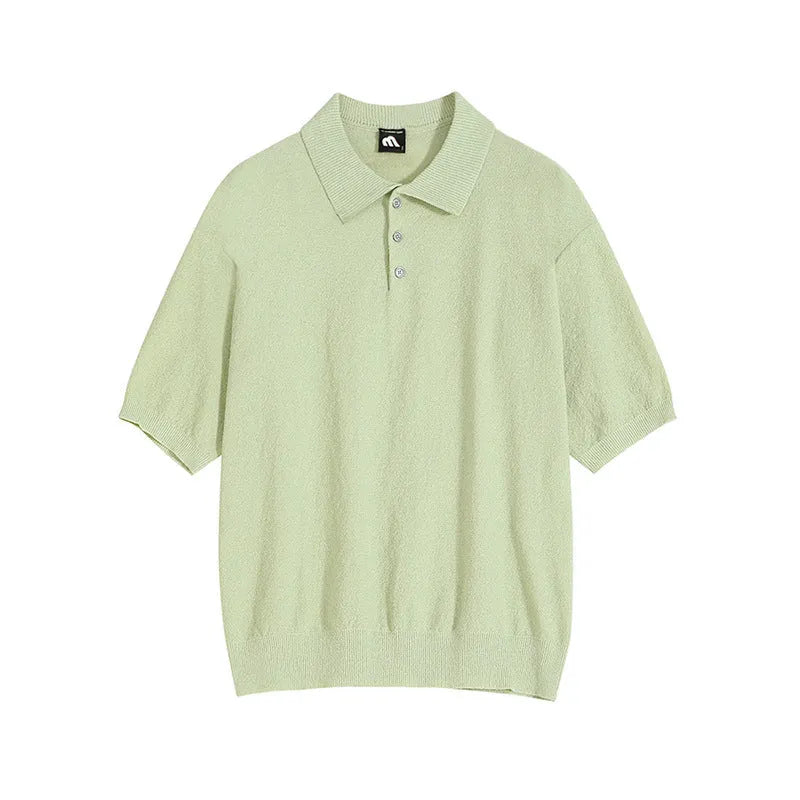Retro-style men's caramel coloured knitted polo shirt with short sleeves and an asymmetric design detail.