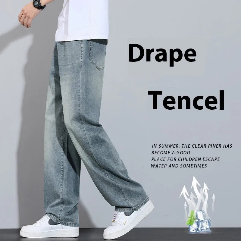 Straight-leg casual trousers in denim fabric with wide-leg design and zip fly opening