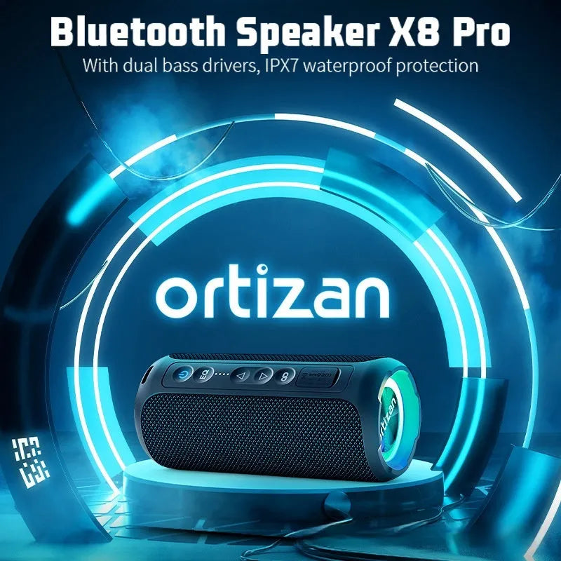 Black and blue fabric wireless Bluetooth speaker with LED lighting and waterproof casing