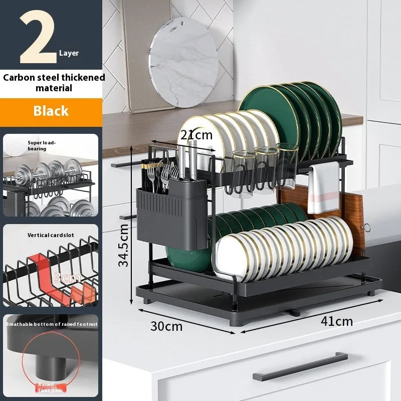 White double-layer kitchen storage rack with a removable draining tray.