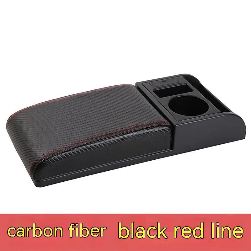 Universal plastic car armrest cover in PU leather black with red accent lines, shown on a centre console.