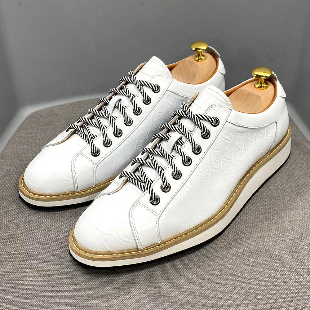 Men's handmade embossed pattern low-top shoes with front-tie lacing in four colour options