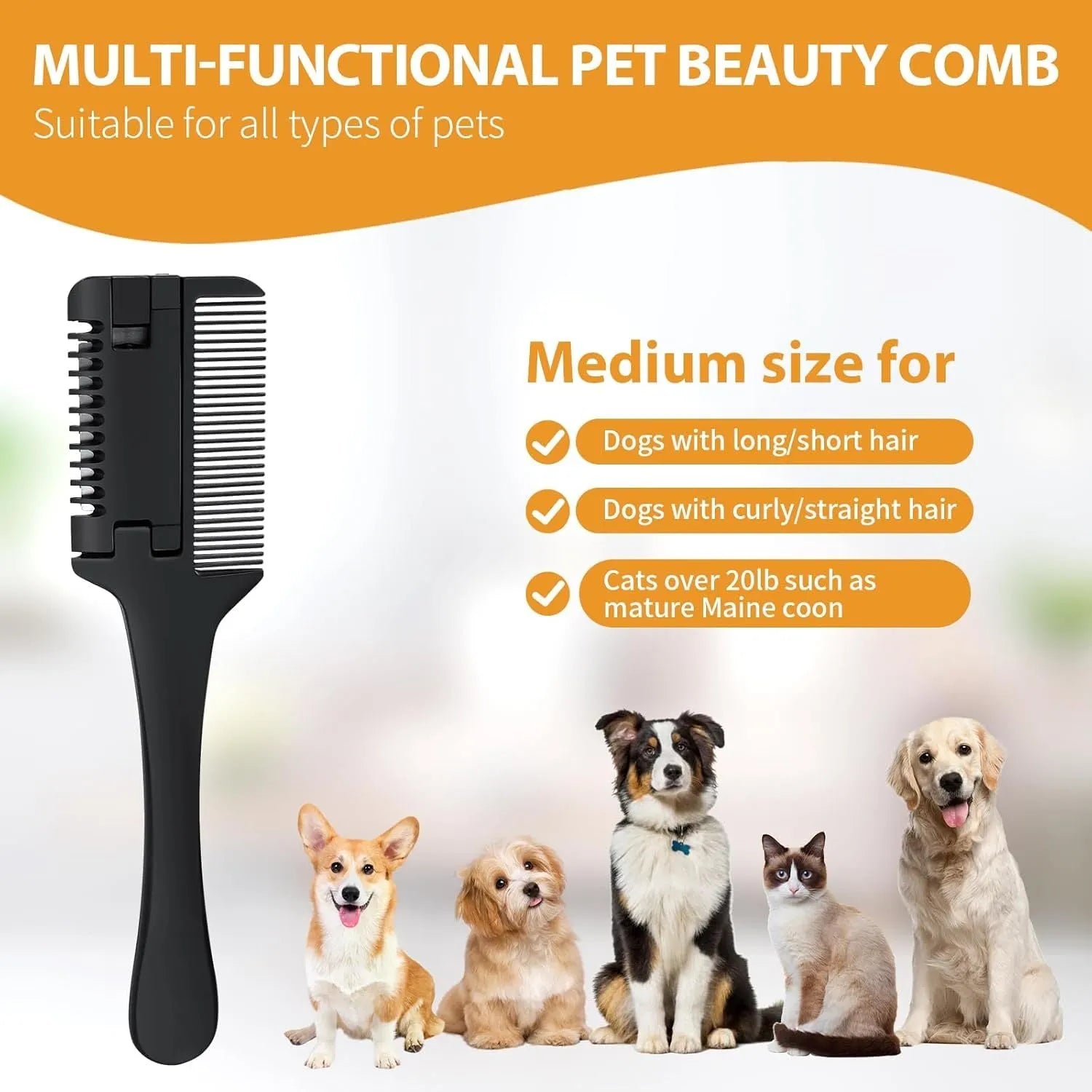Pet razor comb grooming tool with comb teeth and trimming blade, shown with replacement blades