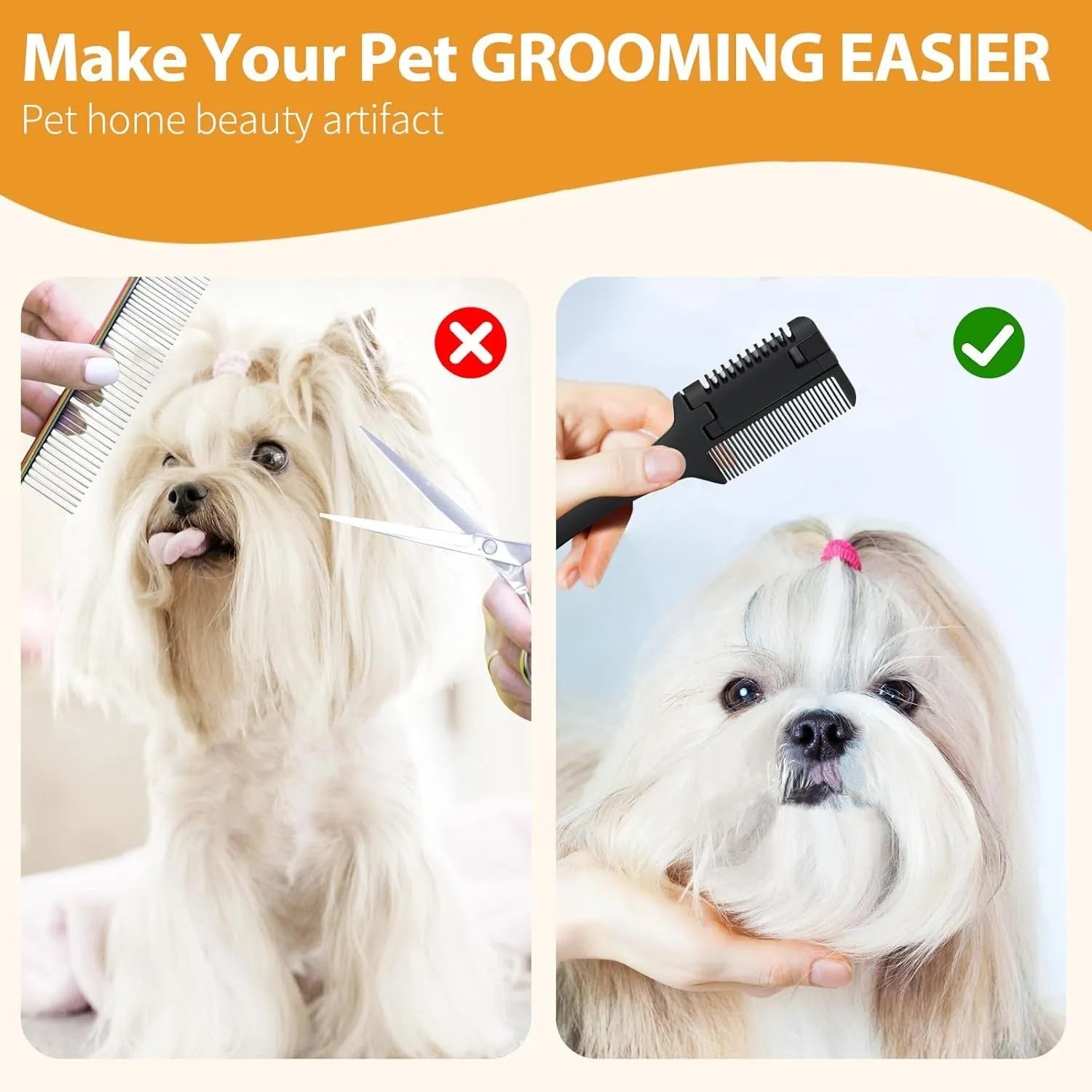 Pet razor comb grooming tool with comb teeth and trimming blade, shown with replacement blades