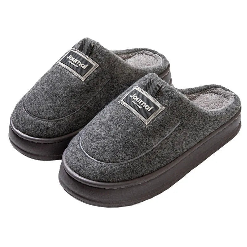 Men's grey and brown suede slippers with a thickened sole for larger foot sizes.