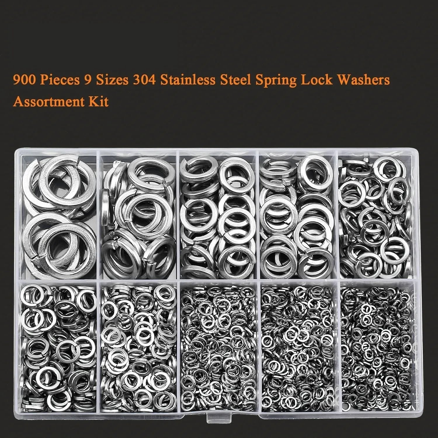 304 stainless steel spring lock washer combination box containing 900 pieces with sizes ranging from 2mm to 12mm