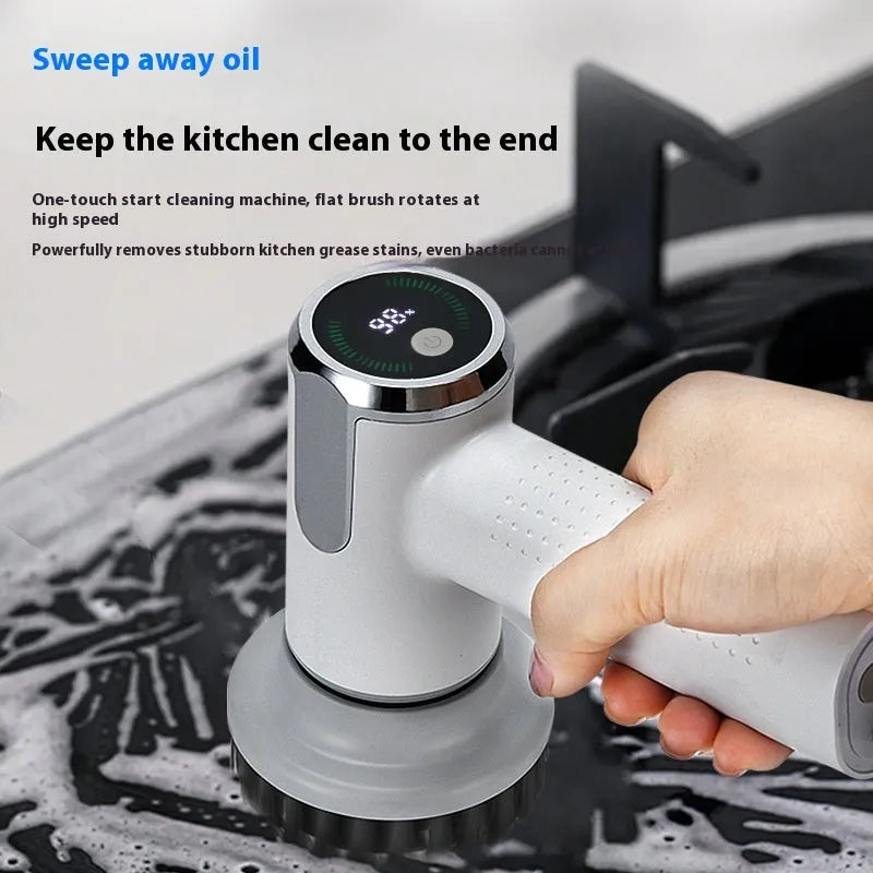 White wireless electric cleaning brush with replaceable heads and smart display for kitchen and bathroom use