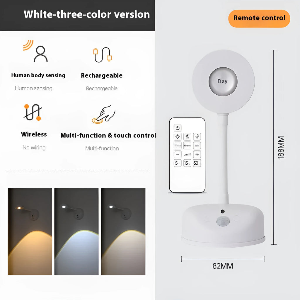 Modern geometric rechargeable wall spotlight in black or white, shown with remote control.
