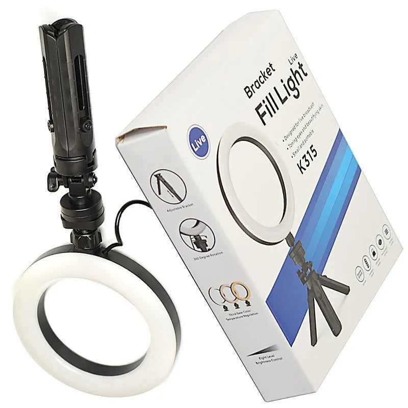 Black desktop mobile phone bracket with adjustable fill light on tripod for video recording