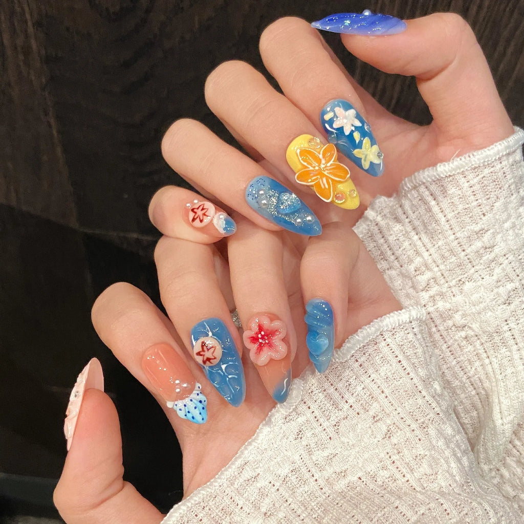 Plastic wearable armour with 3D carved jellyfish design in marine style, almond nail colour