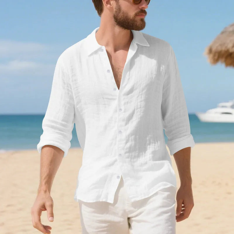 Linen casual shirt in a loose American fit on a hanger, shown in an earthy yellow colour.