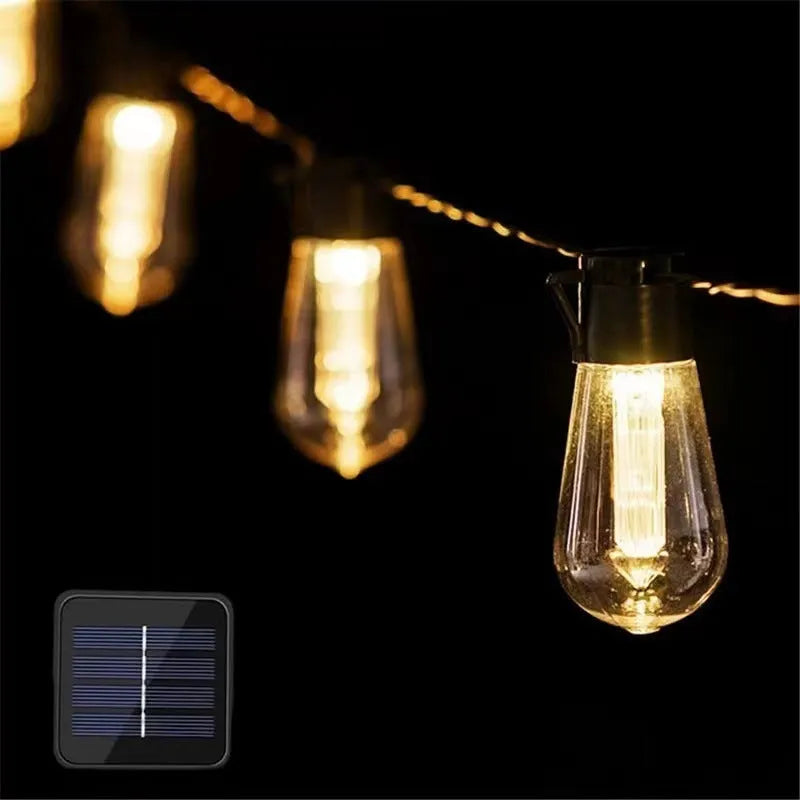 Solar powered outdoor string lights with retro long bulb infusion bottle shapes on 10 metre cable