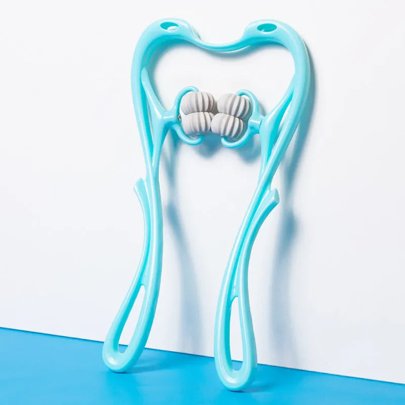 Blue manual swan-shaped neck massager with six rolling wheels and a natural crystal jade scraping board on a white background.