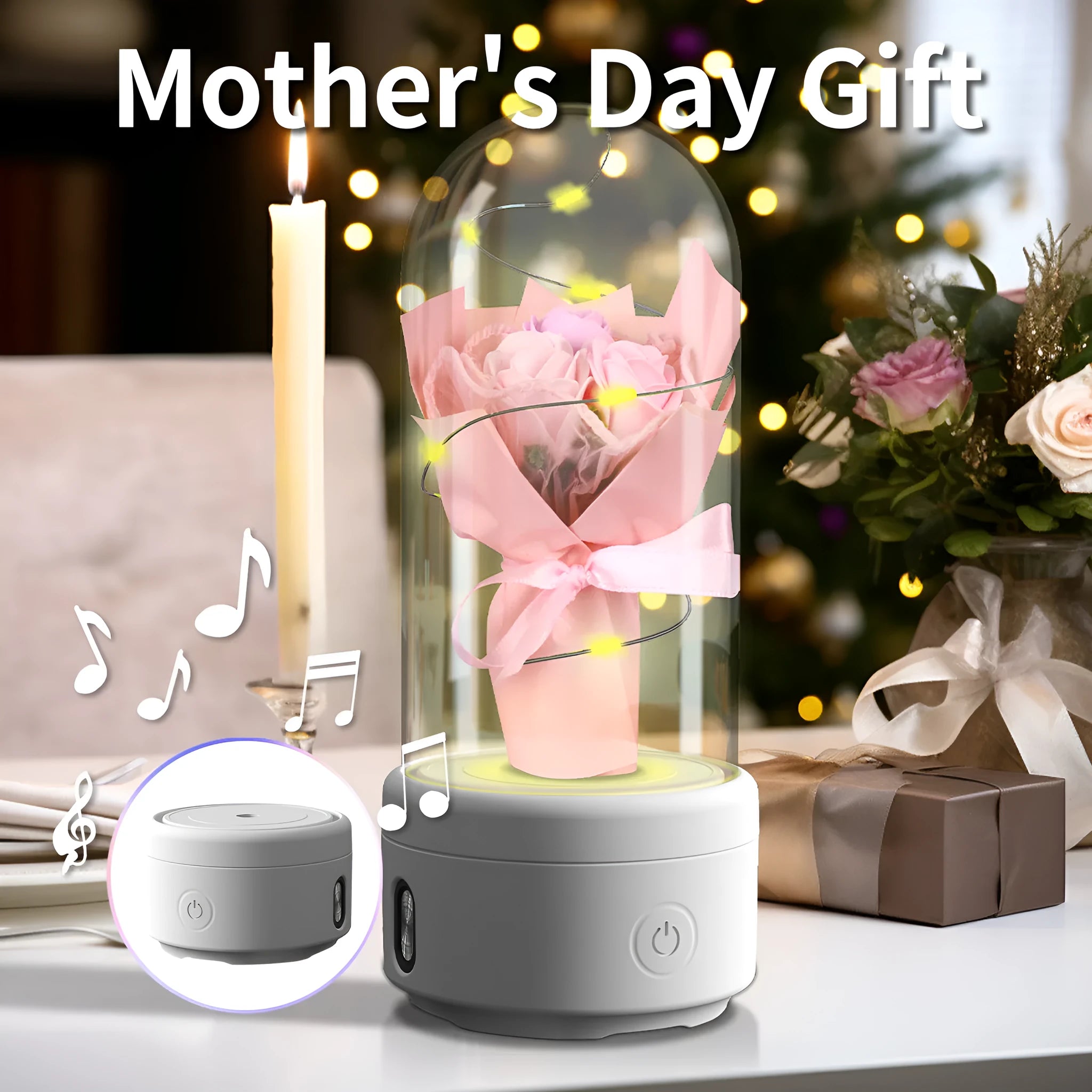 Glass-covered rose ornament with built-in LED light and Bluetooth speaker on black or white base