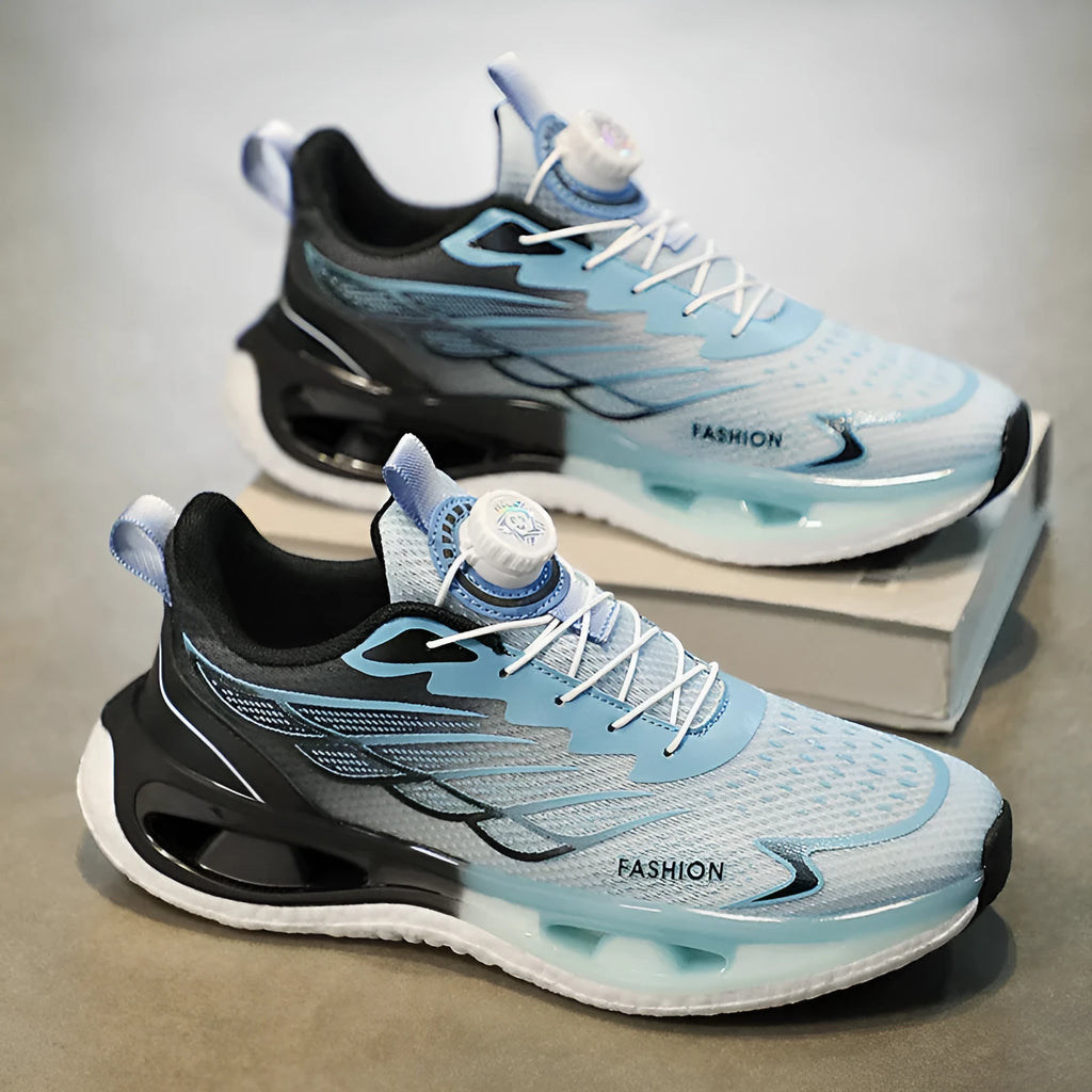 Youth button sneaker with shock absorption rotating sole in light blue, black, or white and blue colours