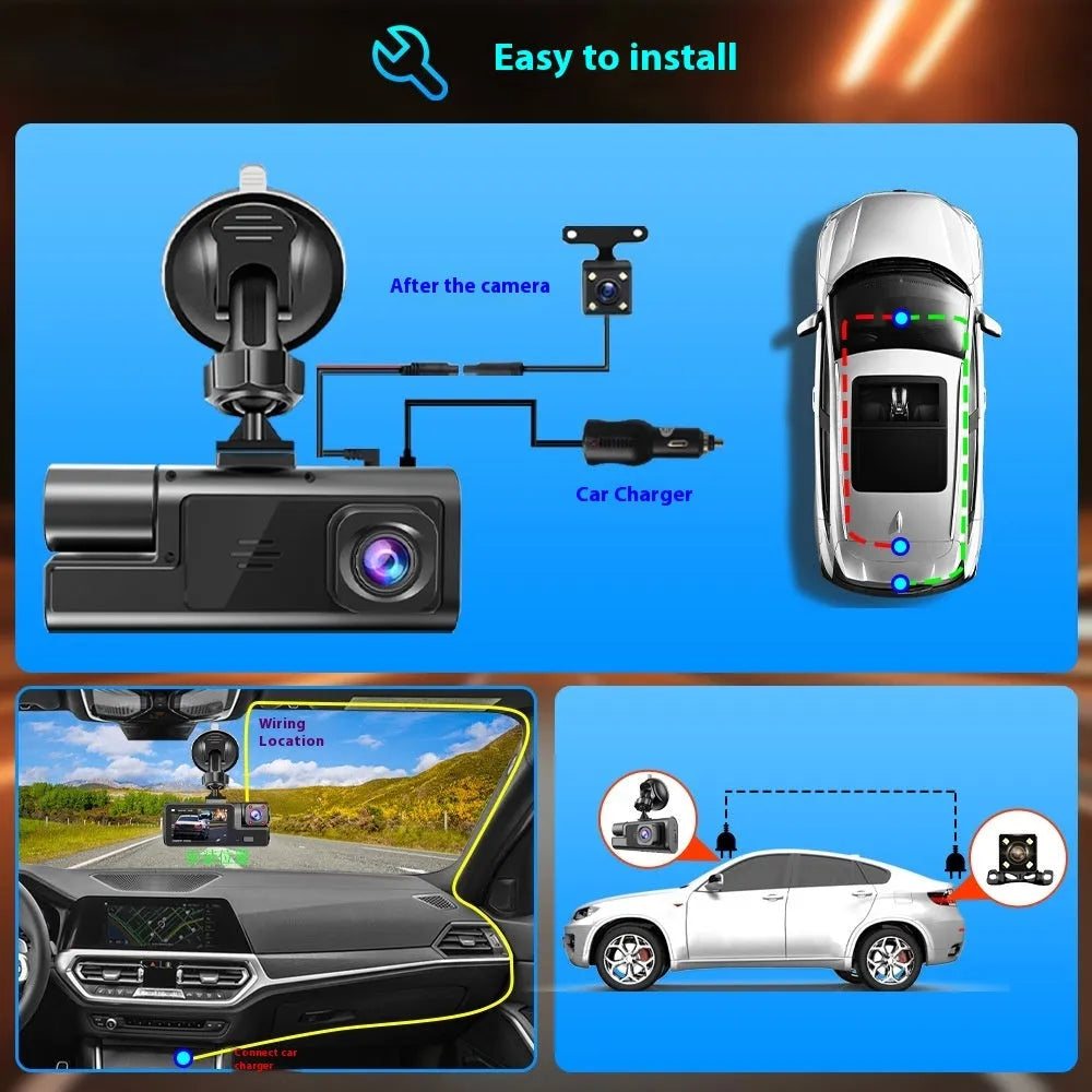 WiFi car driving recorder with 2-inch screen on a dashboard, showing front and rear camera views.