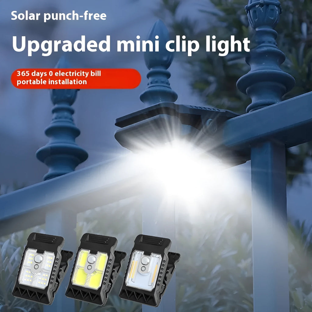 Compact white clip lamp with motion sensor for automatic indoor and outdoor lighting.