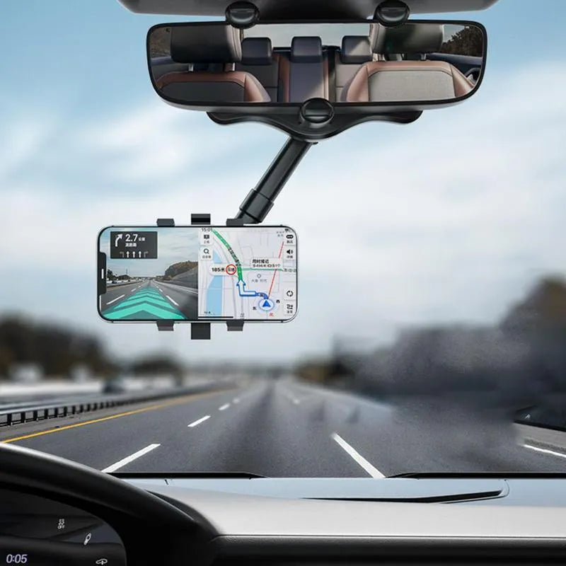 Black rearview mirror car phone holder with rotating head and telescopic arm extended.