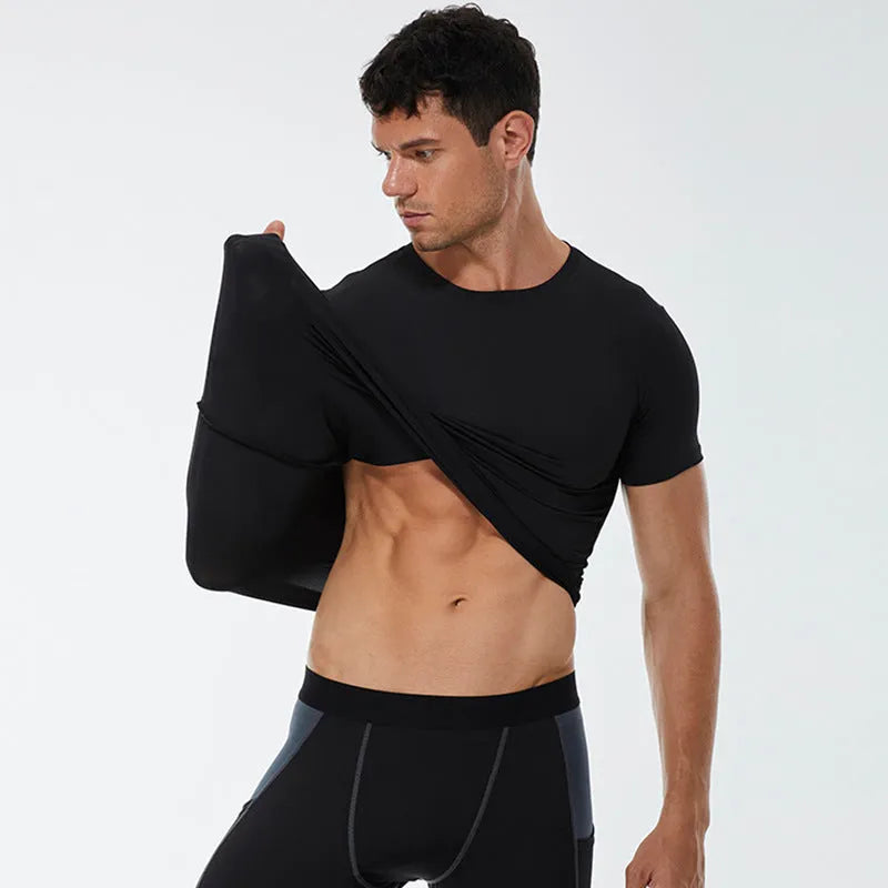 Men's solid colour stretch quick-dry short-sleeved fitness shirt in polyester fabric