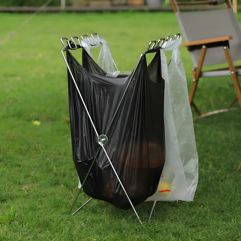 Stainless steel folding garbage bag bracket in silver or black colour for camping