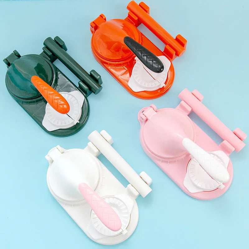 3 In 1 plastic dumpling maker with rolling pin and moulds, green colour, on kitchen countertop
