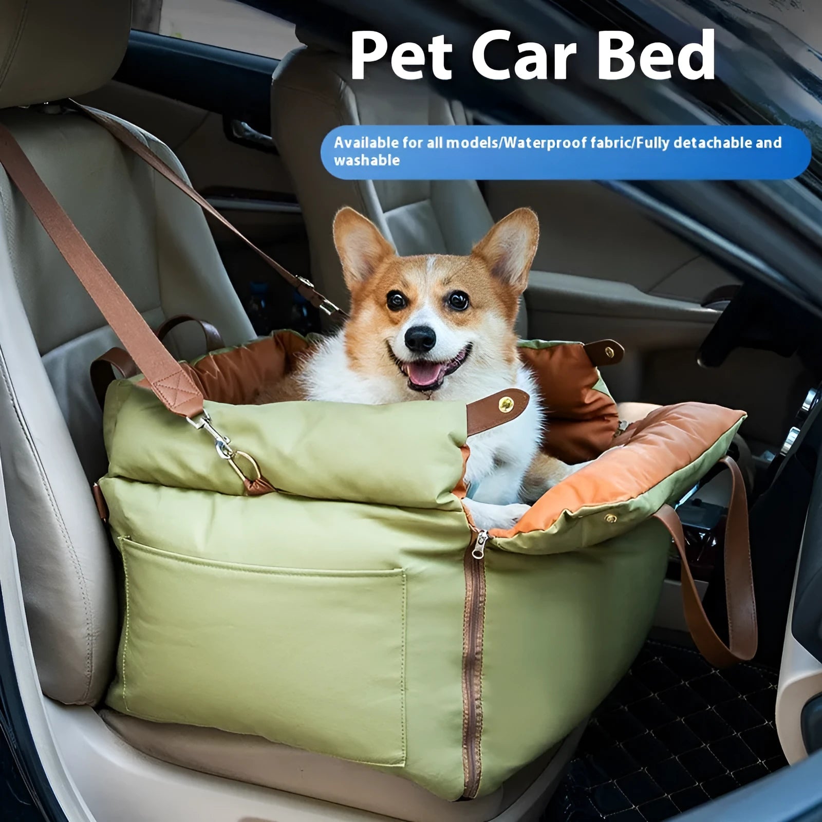 Portable cloth cat car kennel pet safety seat in brown colour on car seat