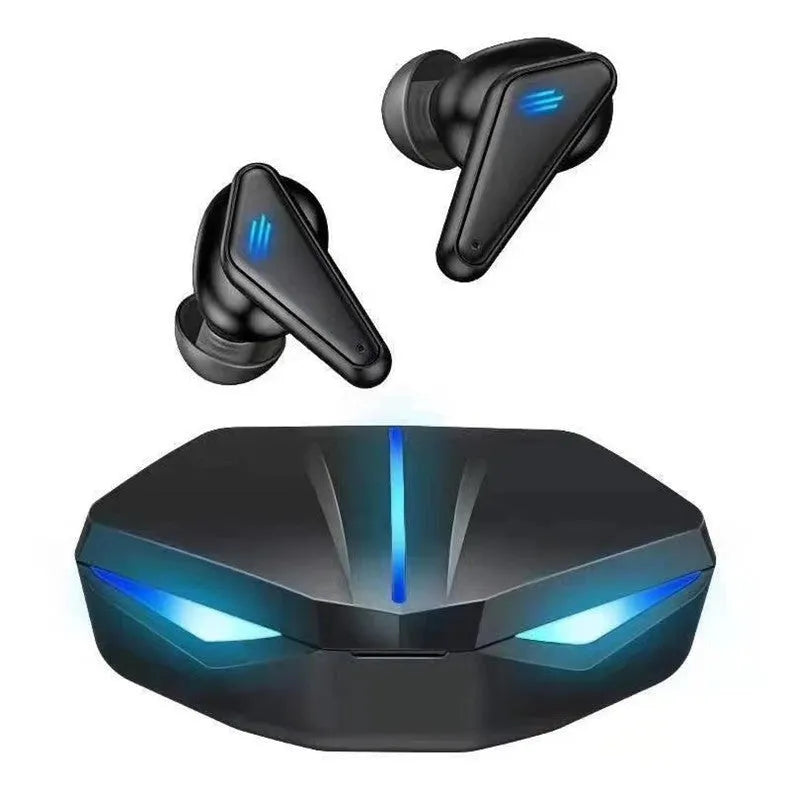 Black wireless in-ear Bluetooth headphones with charging case, showing low-latency gaming connectivity