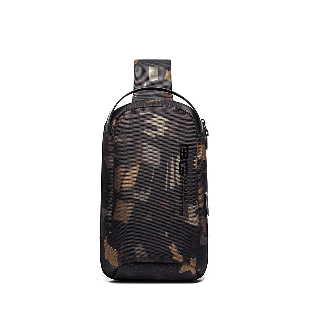 Men's oxford cloth shoulder bag with USB charging port in blue colour with letter pattern design
