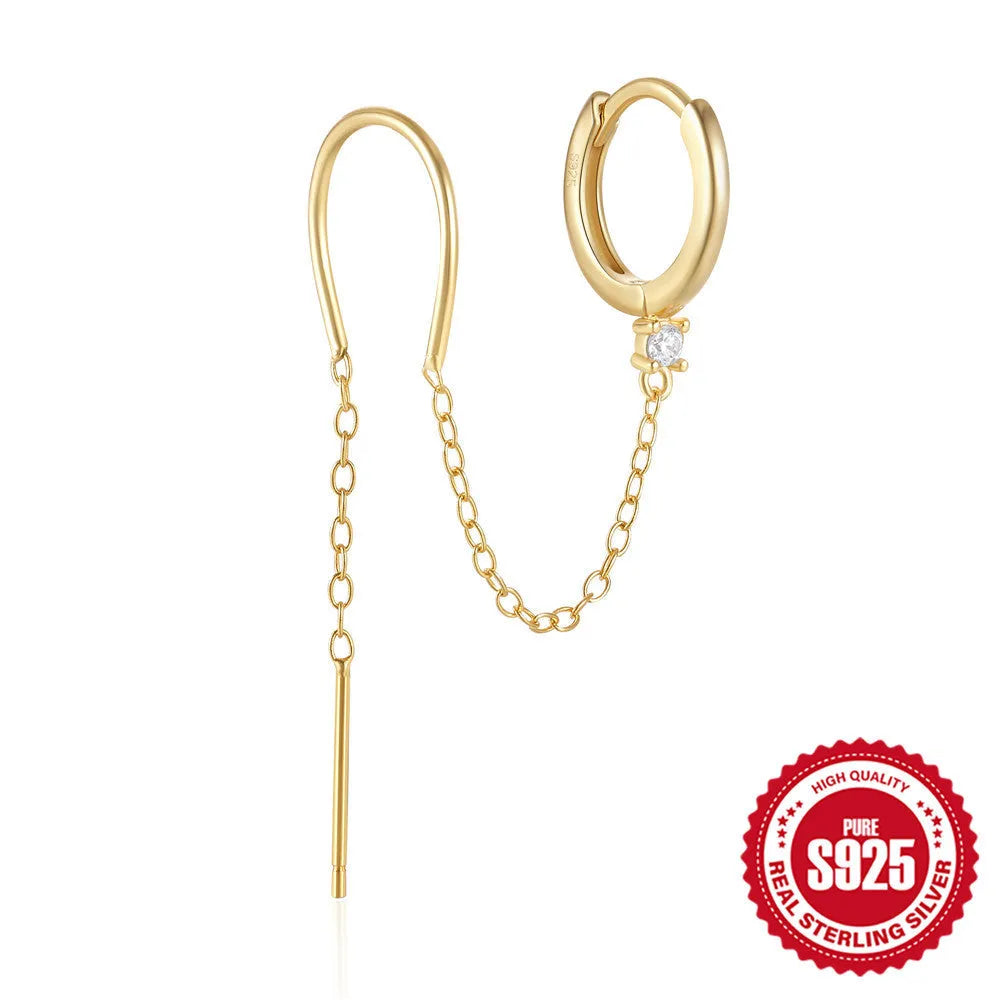 S925 sterling silver ear studs with diamond flower tassel chain design in electroplated golden colour