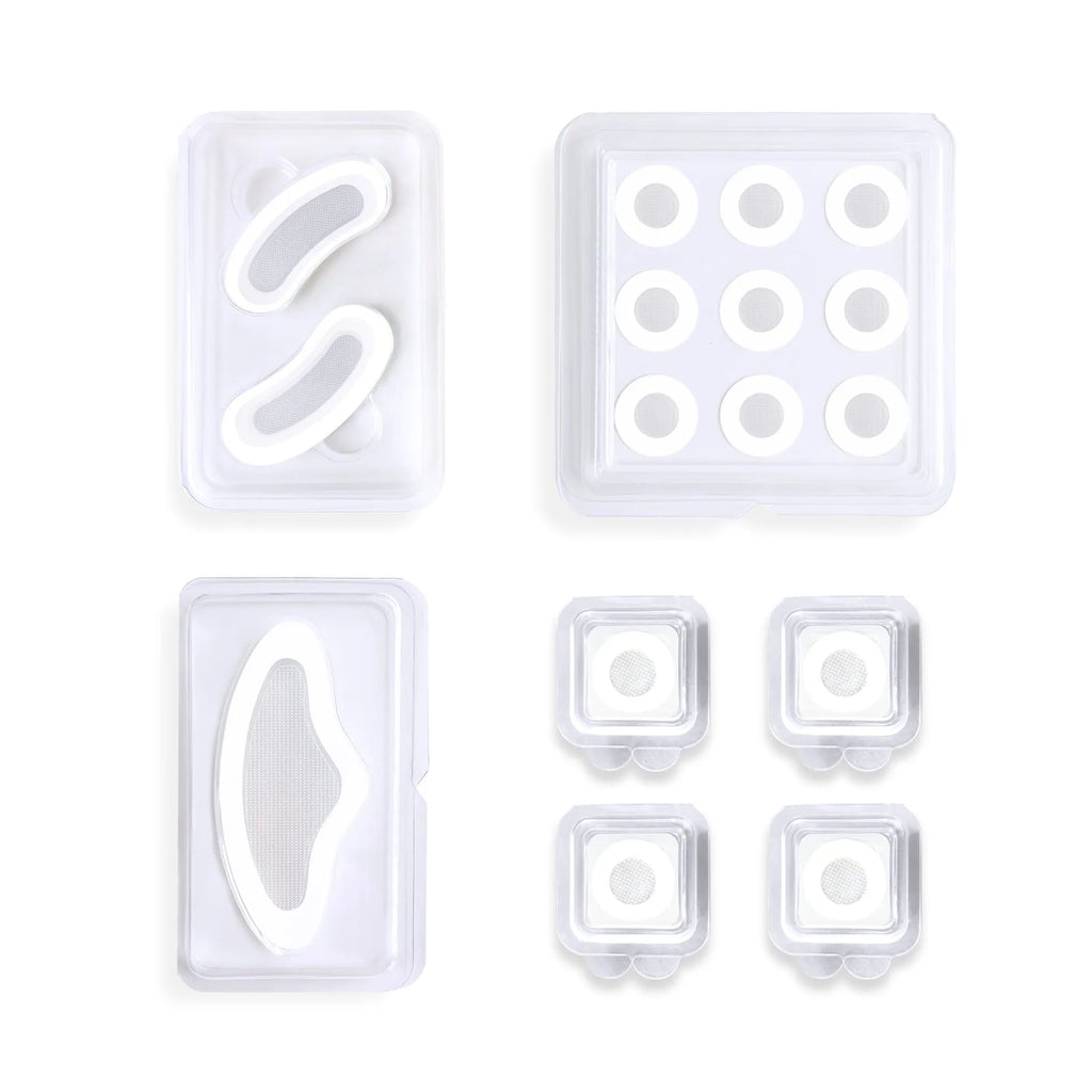 Transparent hyaluronic acid microcrystalline acne cover patches on skin.